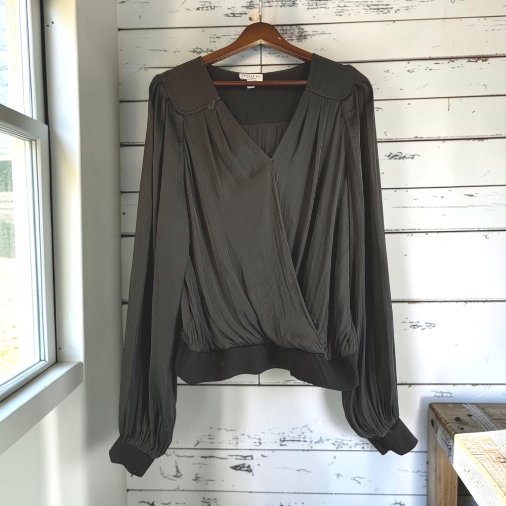 Blouse Current Air L Black Surplice Satin Bishop Sleeve Silky Draped Office Goth